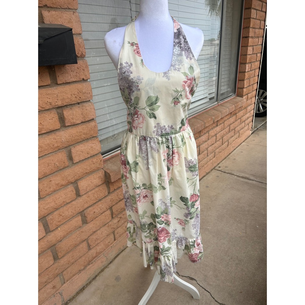 Vintage Floral Halter Apron Dress Pink Rose Ruffle Hem Cottagecore Prairie Small - Picture 7 of 8